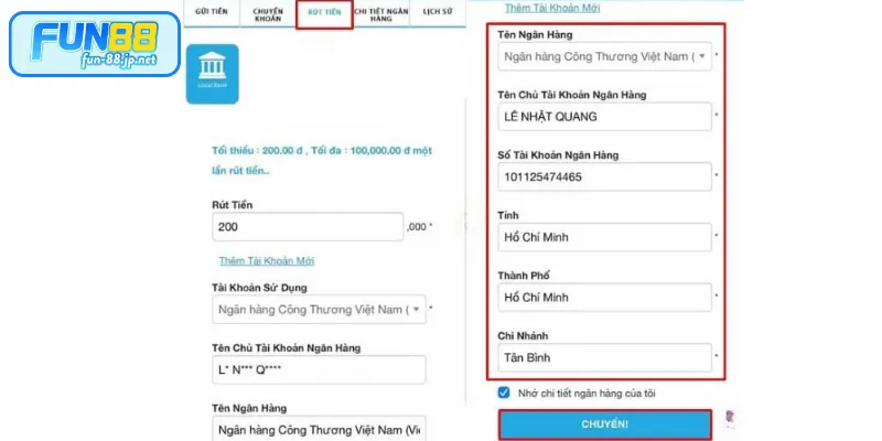 Bước 2: Thiết lập lệnh rút tiền FUN88 về ngân hàng