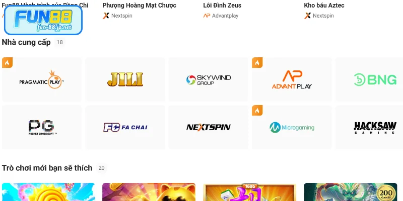 Các đối tác nổi bật tại chuyên mục Slots FUN88