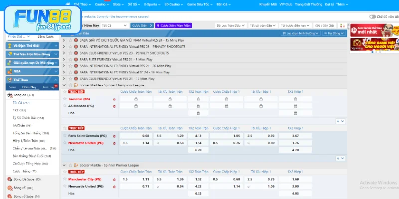 Các hình thức cá cược thể thao được FUN88 cung cấp