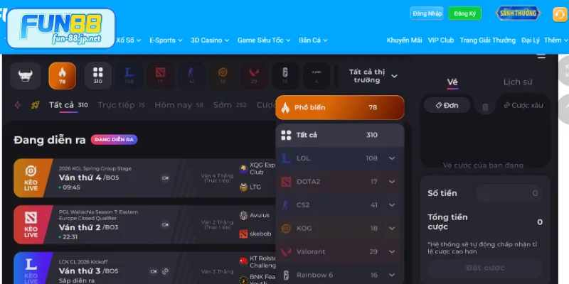 Khám phá kho sản phẩm Esports hấp dẫn trên FUN88