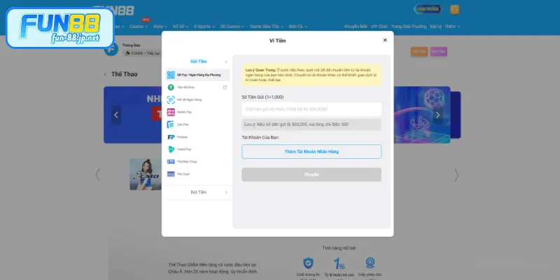 Nạp tiền FUN88 qua QR Pay và Ngân hàng địa phương