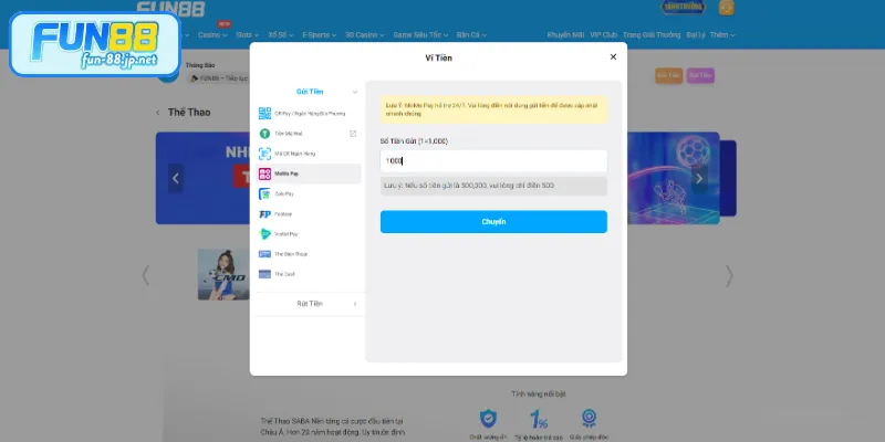 Gửi tiền vào FUN88 qua Fastpay
